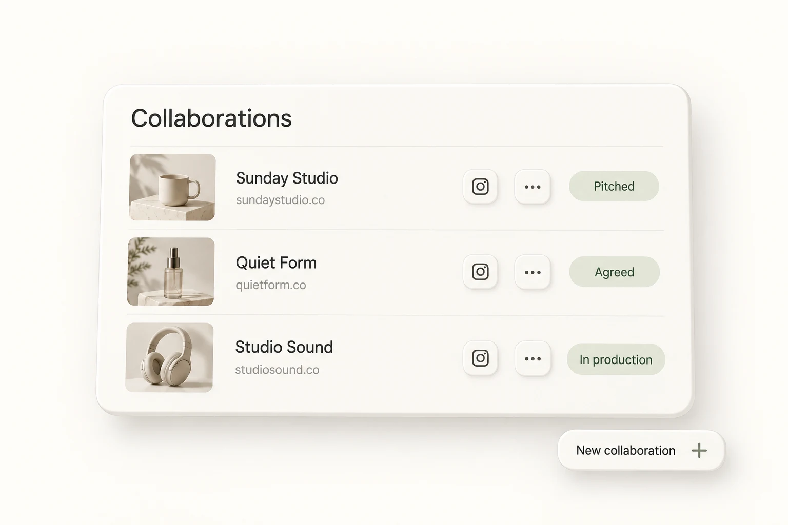 A warm white Collaboration workspace with three brand relationships and their deal stages