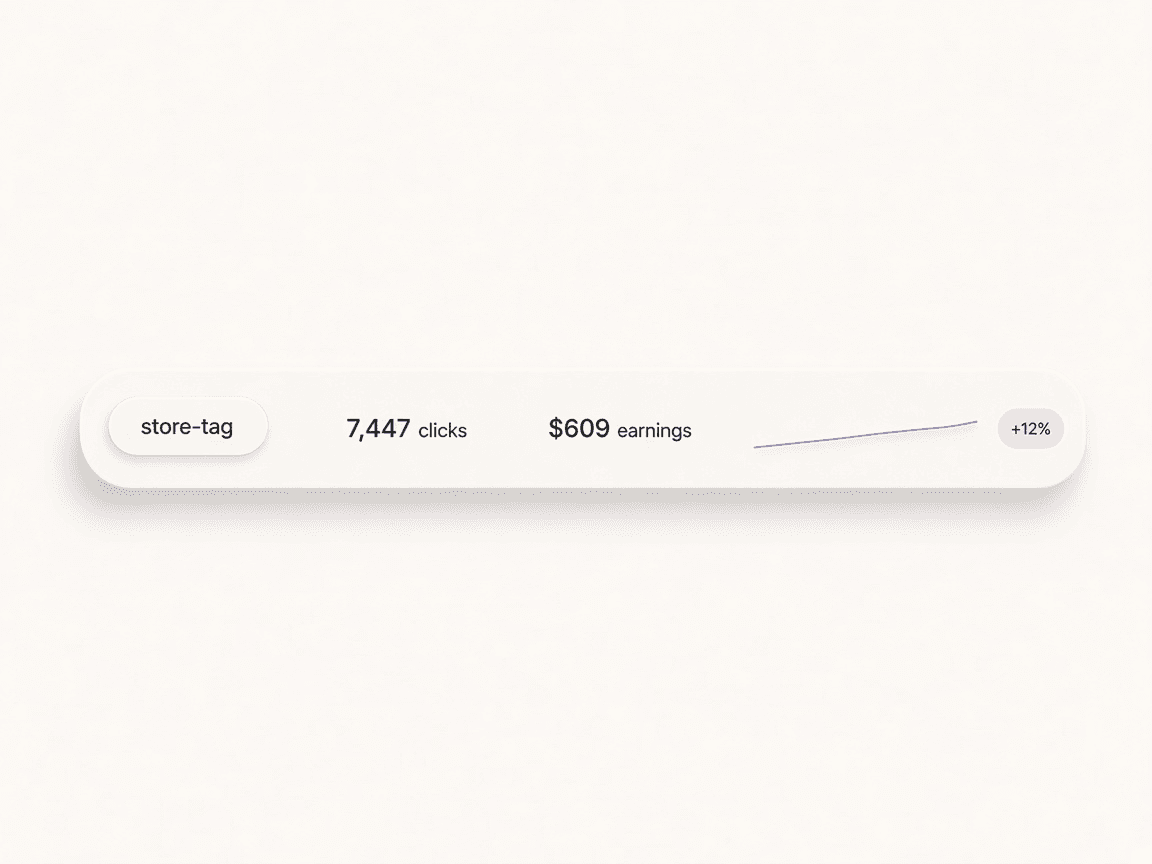 Floating affiliate tag report with store chip, clicks, and a soft sparkline