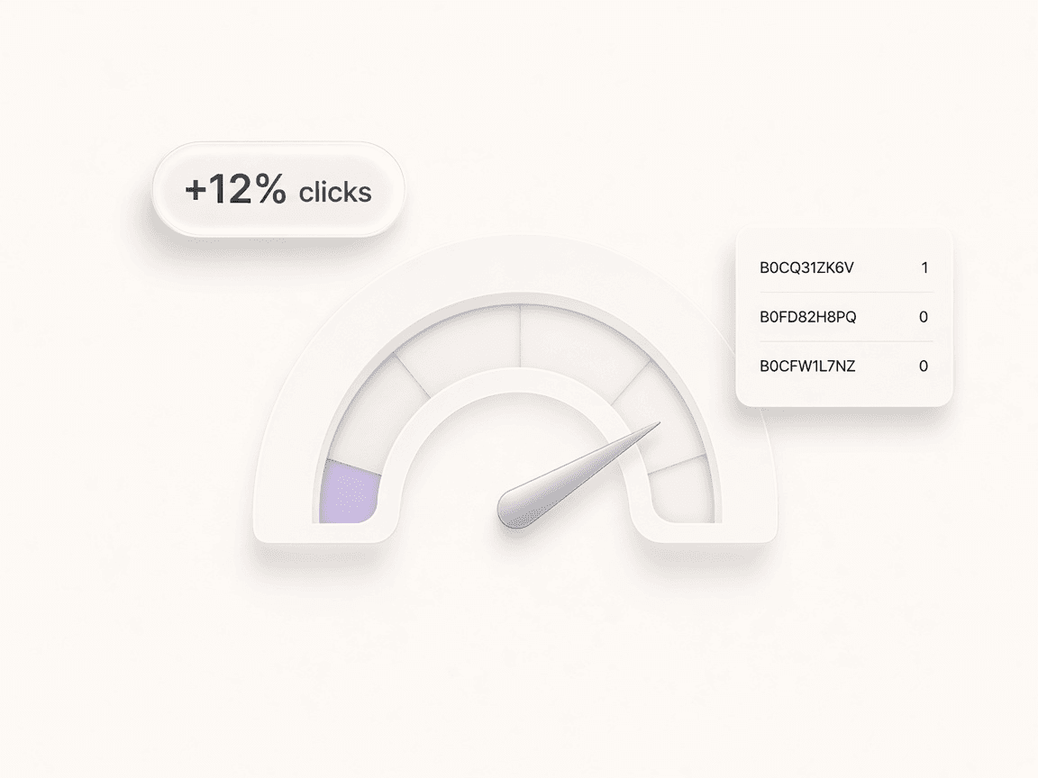 Floating analytics widgets with a soft gauge, click lift, and top links
