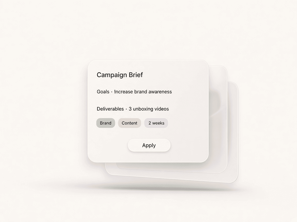 Brand campaign brief card with goals, deliverables, and apply