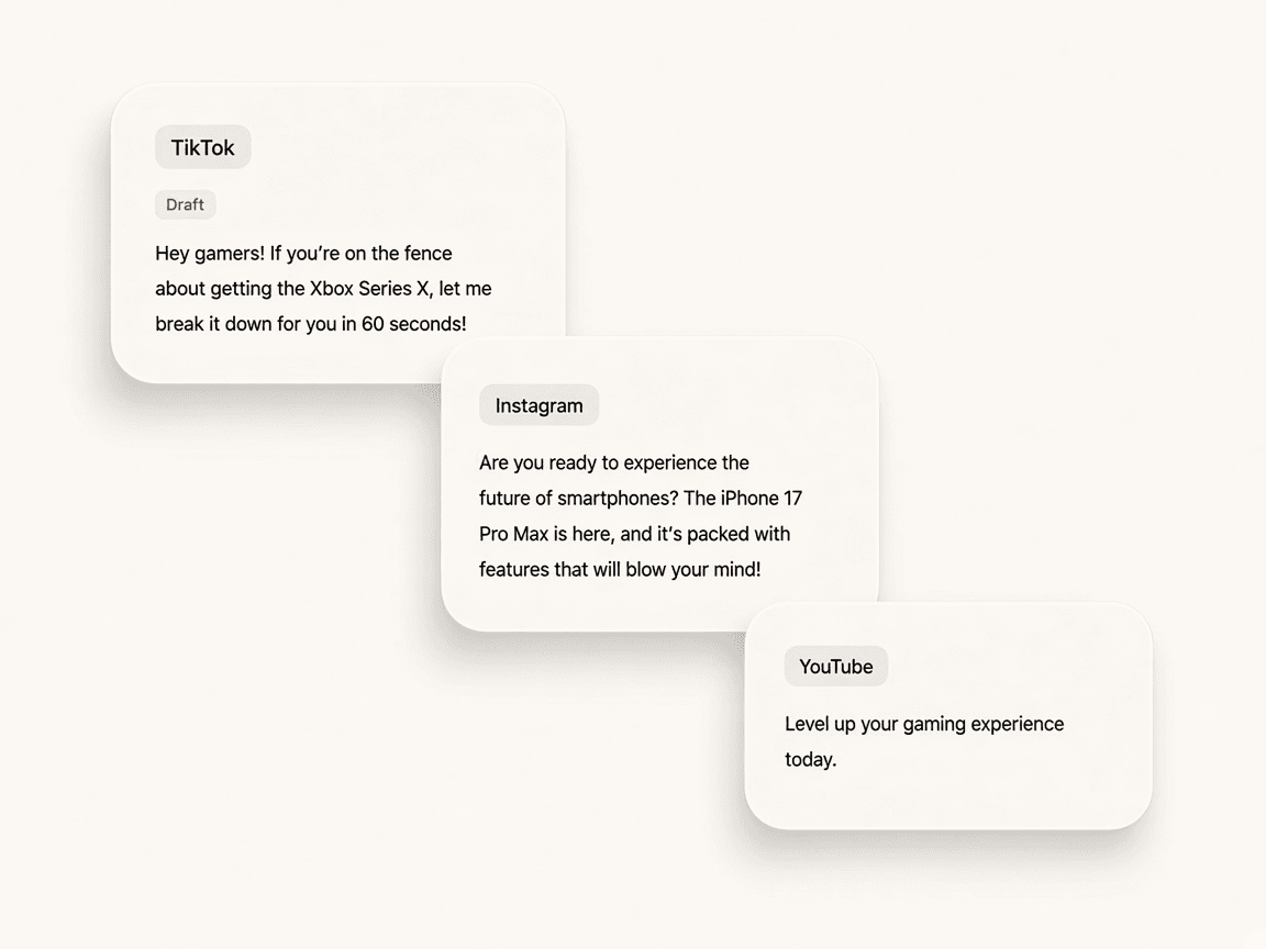 Content Studio script cards with platform chips and short captions
