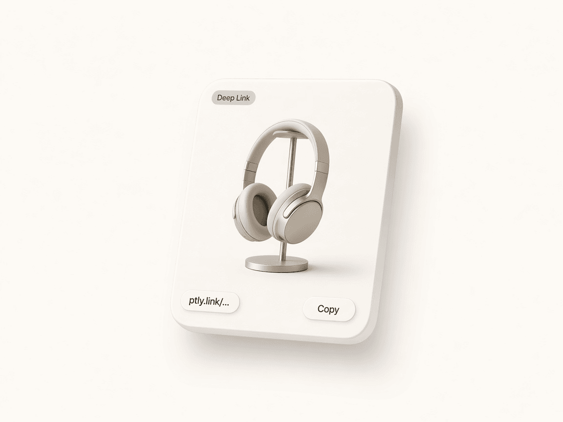 Floating smart link card with product photo, short URL, and copy control