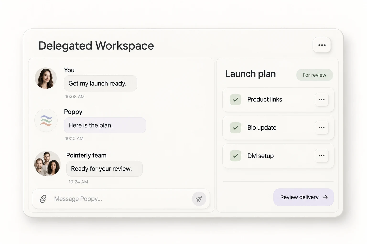 Illustrative Delegated Workspace: your brief, Poppy’s plan and the Pointerly team’s delivery