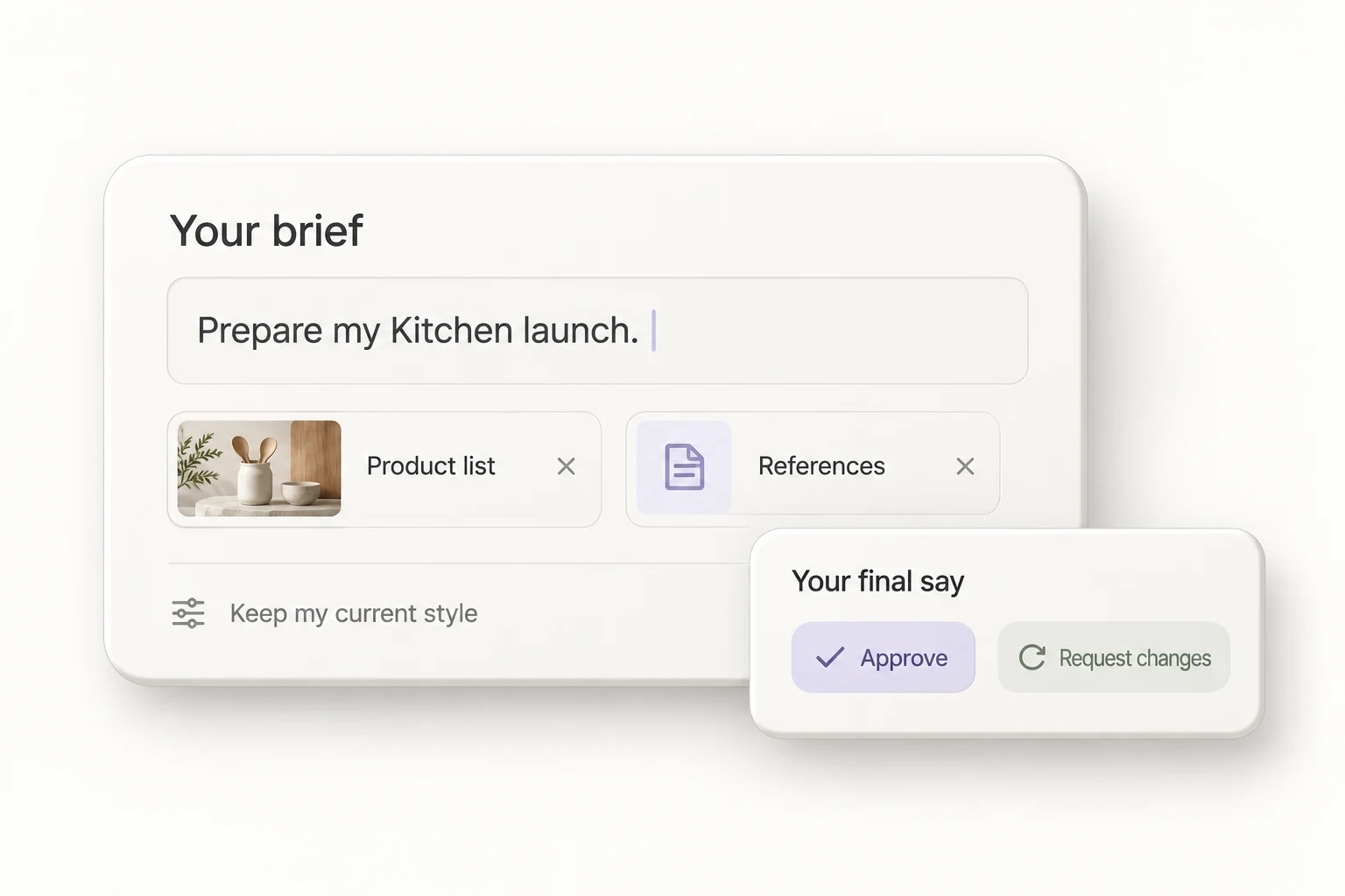 Illustrative launch brief with product references and a separate approval note