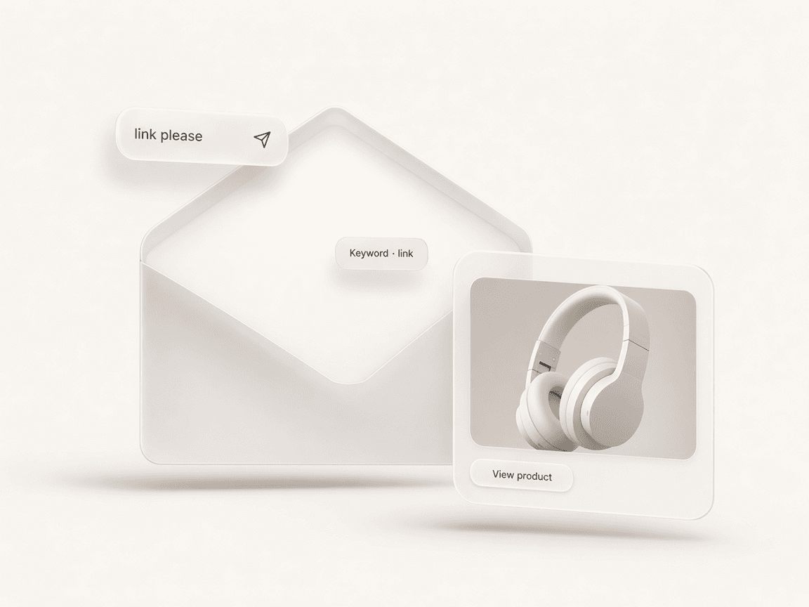 Comment-to-DM scene with keyword pill and product reply card