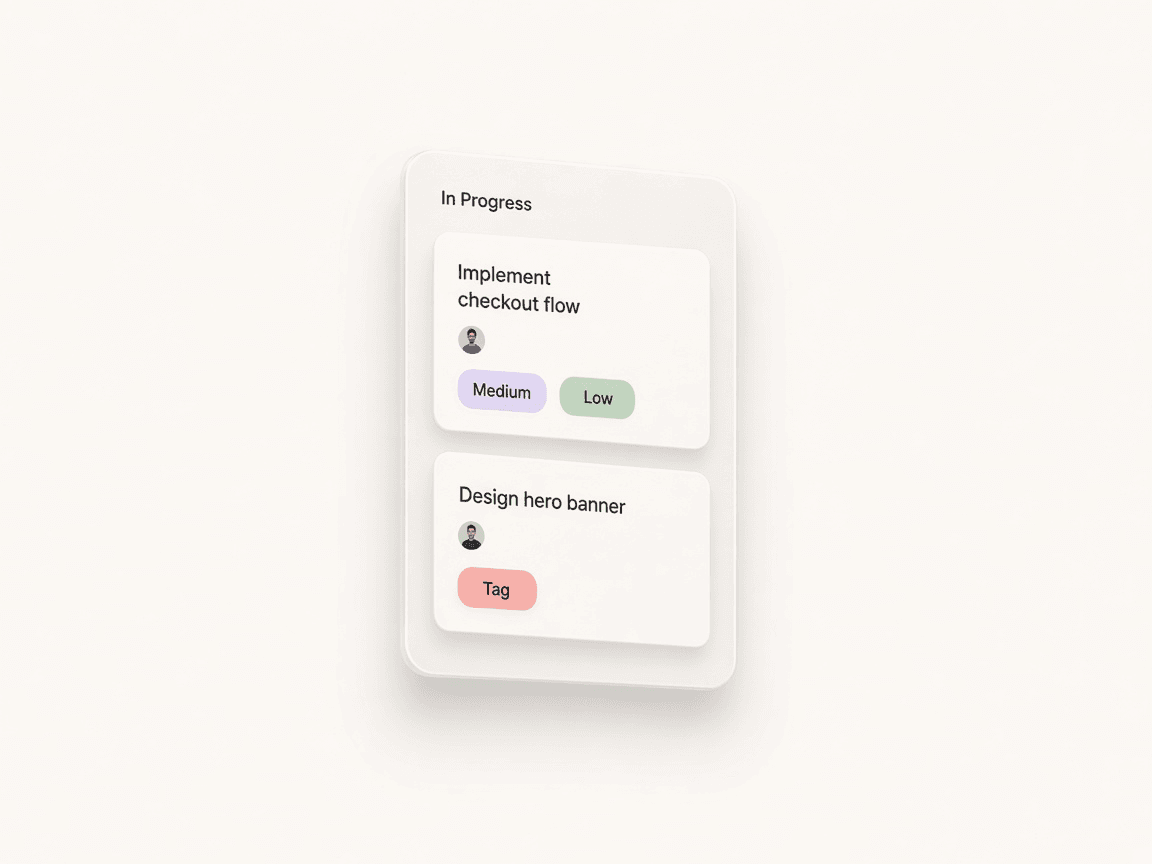 Floating kanban column with soft task cards and priority pills