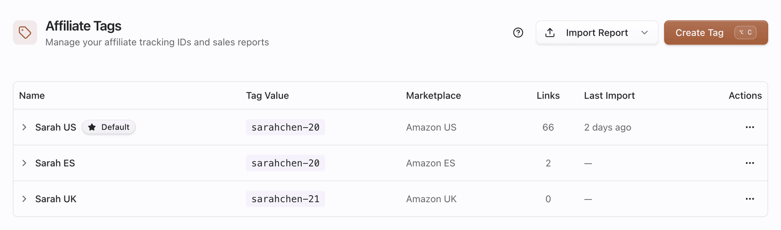 Affiliate Tags page highlighting the Create Tag button