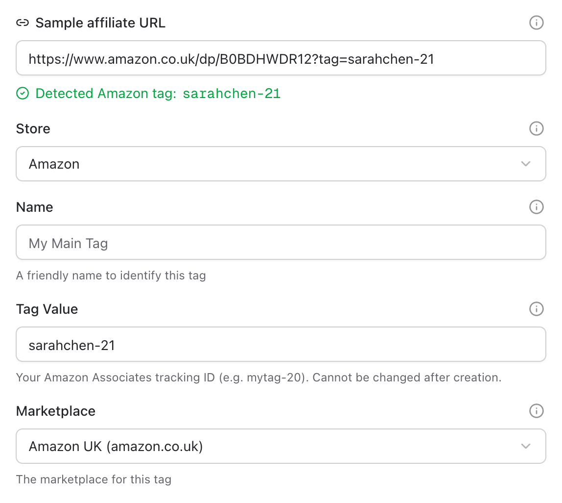 Sample affiliate URL field showing detected store and tag