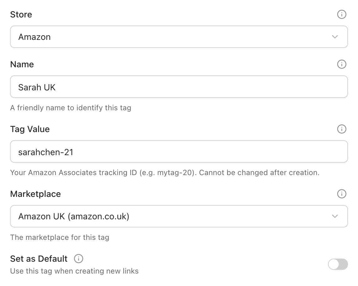 Create Affiliate Tag form fields filled in