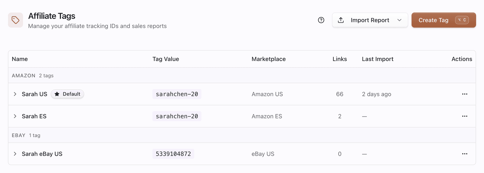 Affiliate Tags list showing Amazon, eBay, or Walmart tags