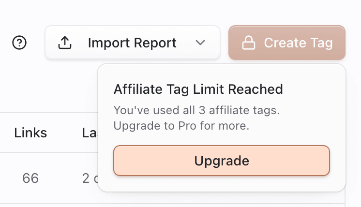 Create Tag locked because the plan limit was reached