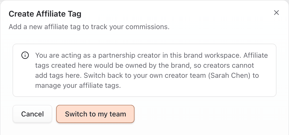 Partnership warning preventing tag creation on a brand team