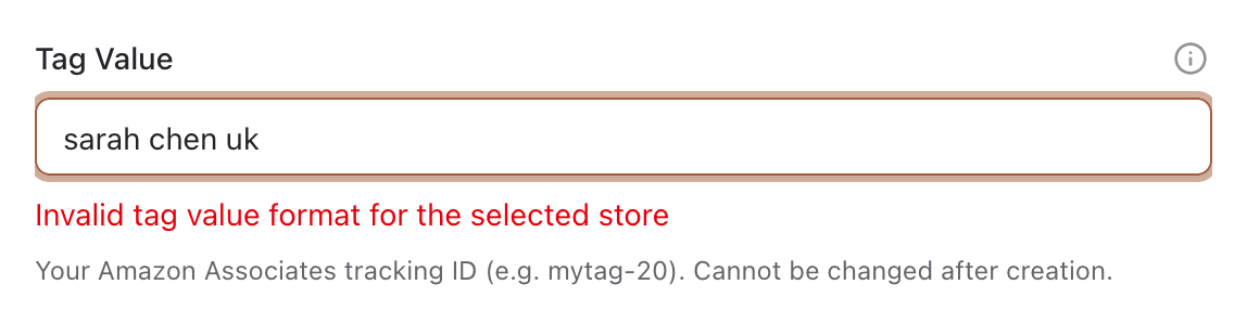 Form showing a tag value validation error