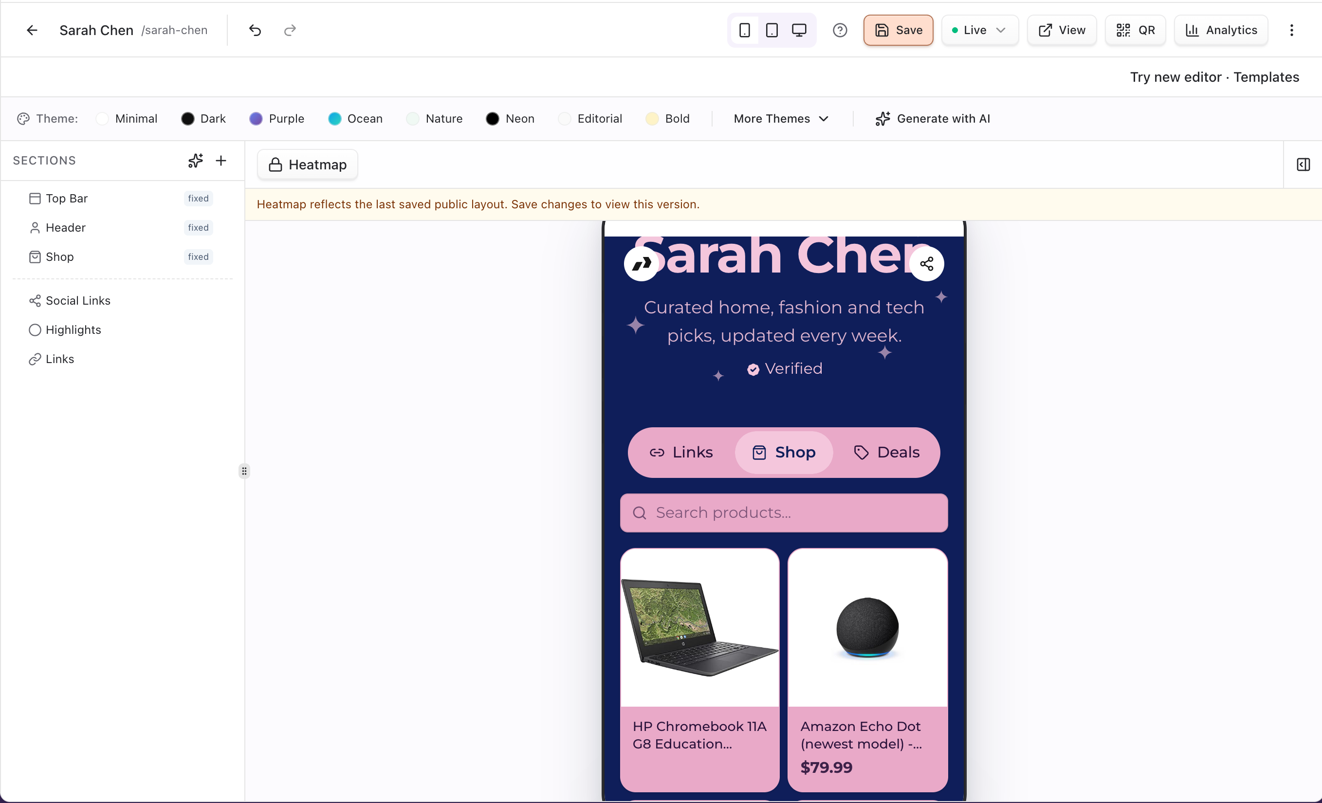 Bio page editor with Shop tab showing products