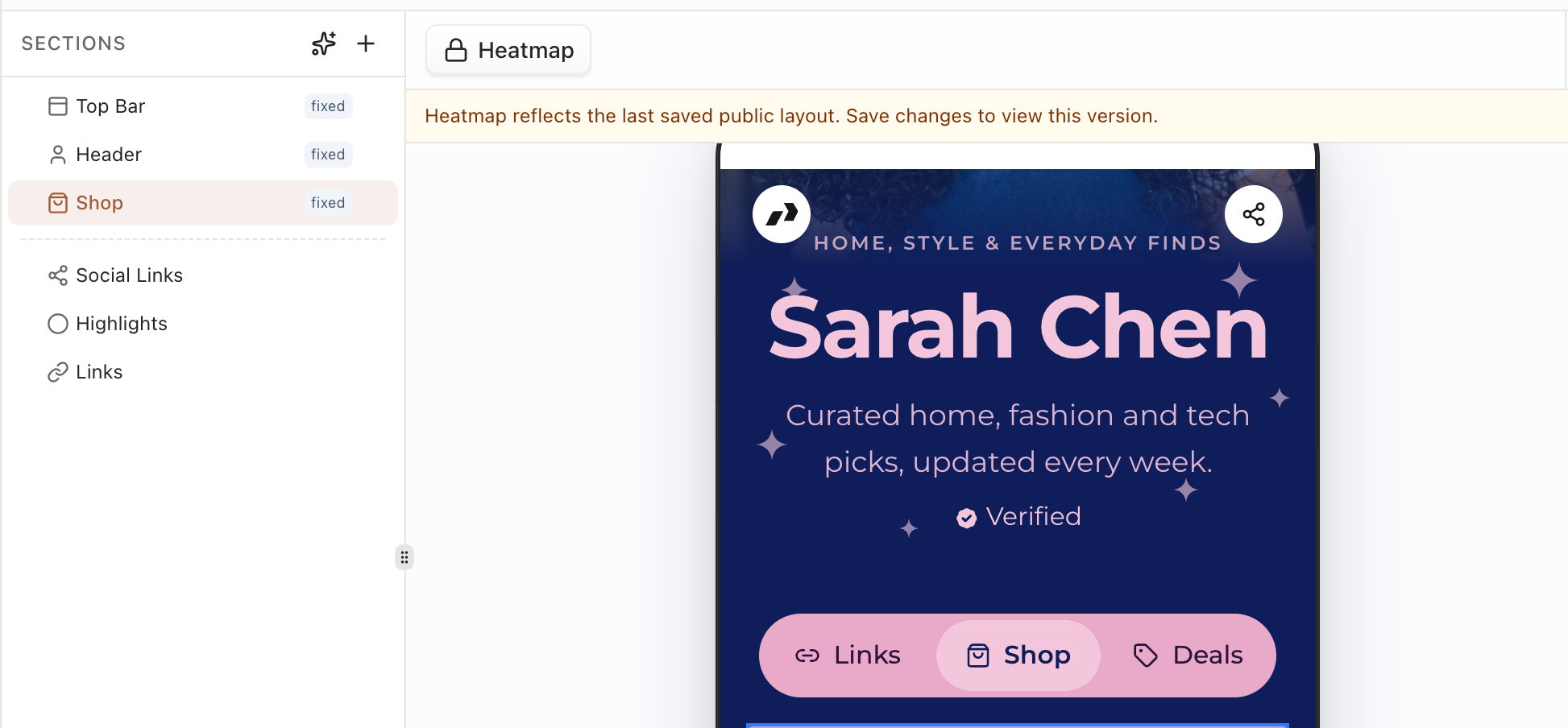 Shop section selected and Shop tab active in the preview