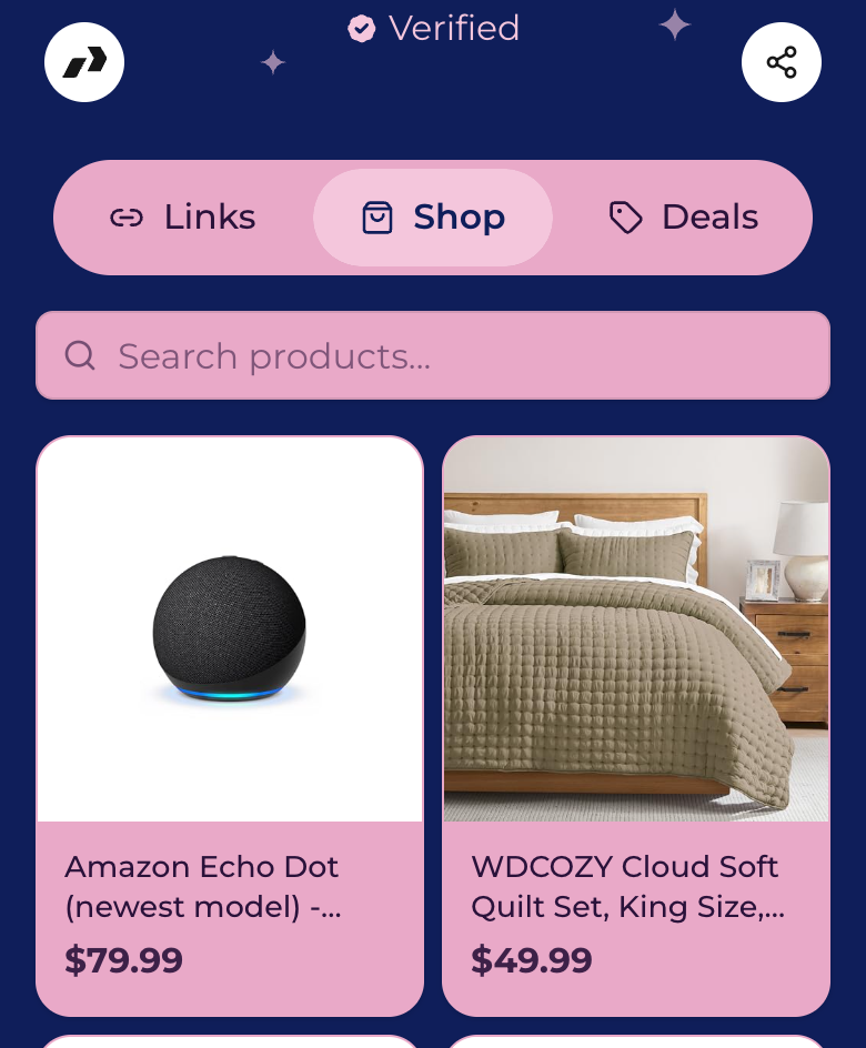 Public bio page showing shop product cards