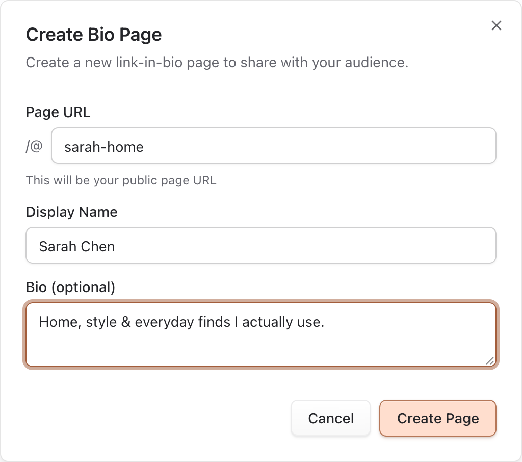 Create Bio Page dialog with Page URL, Display Name, and Bio