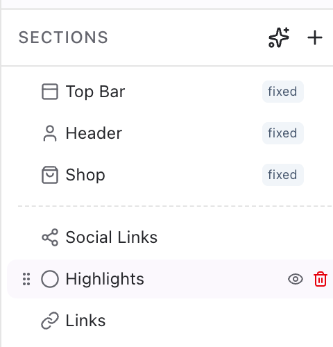 Section list with add, reorder, and visibility controls