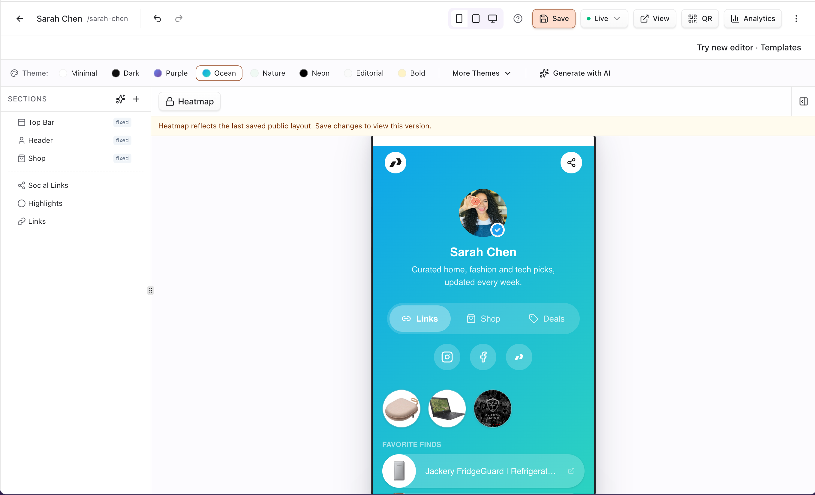 Theme presets bar and mobile or desktop preview