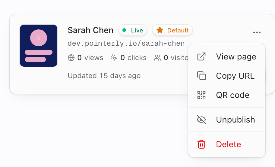 Bio page card with Live and Default badges, public URL, and actions menu
