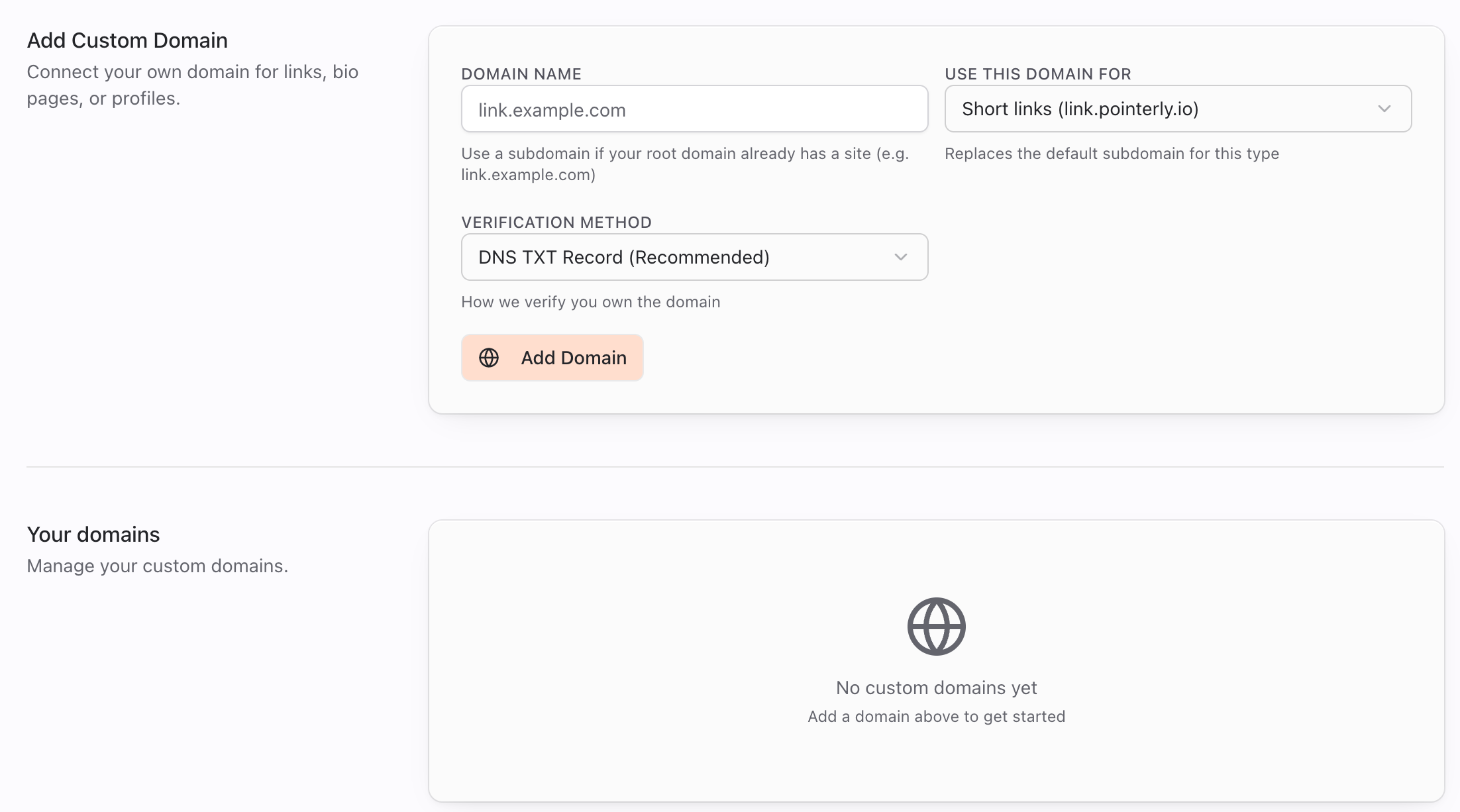 Settings Domains page with the Add Custom Domain form