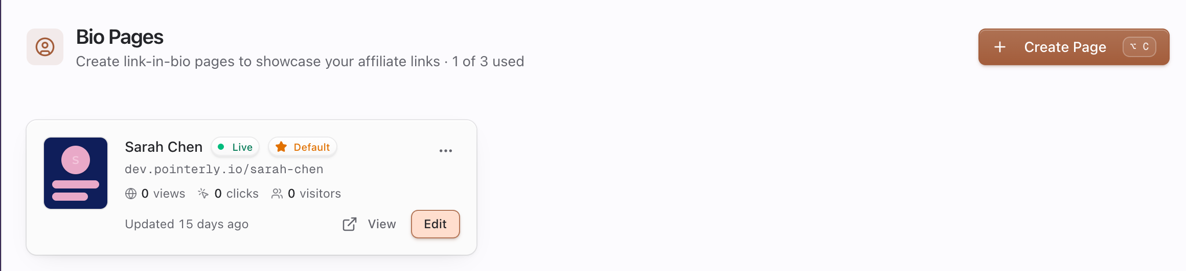 Bio pages list with Create Page button