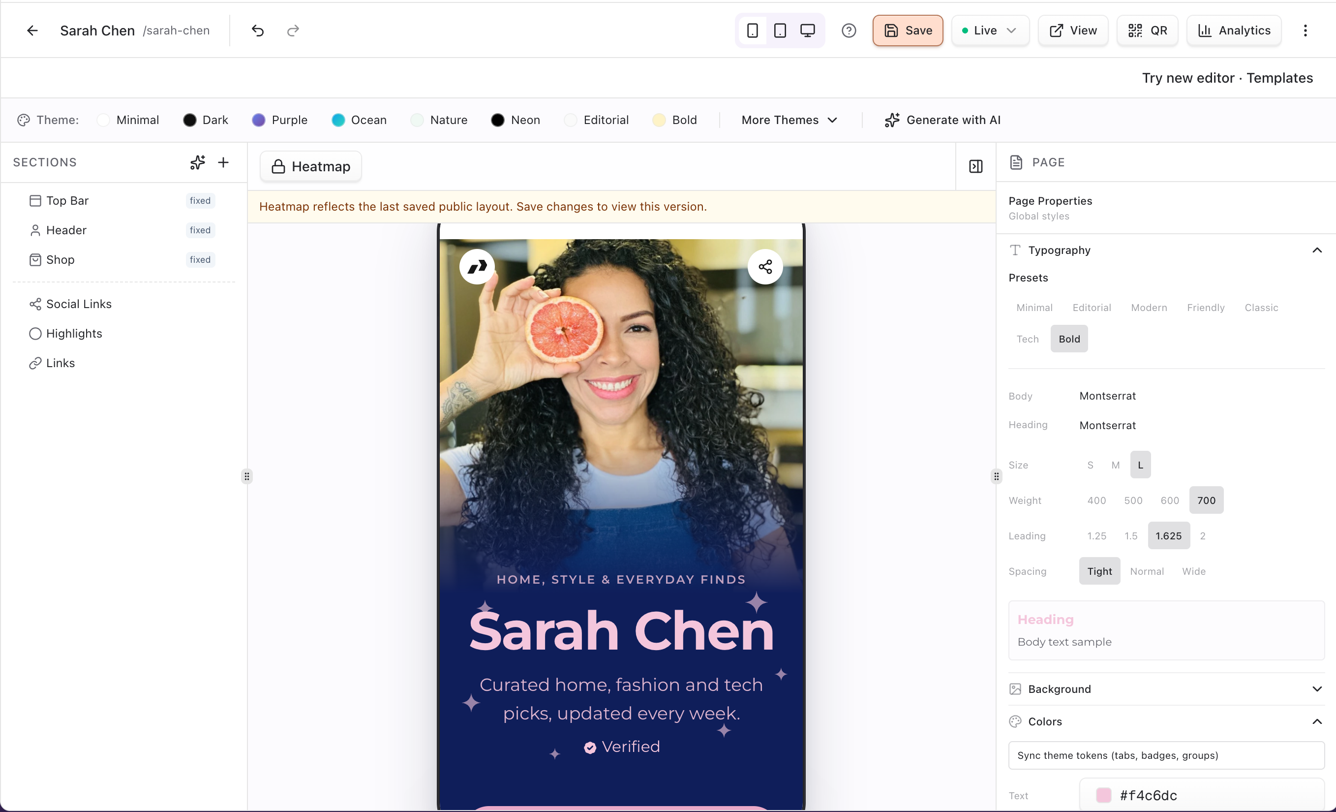 Bio editor with sections panel and live preview