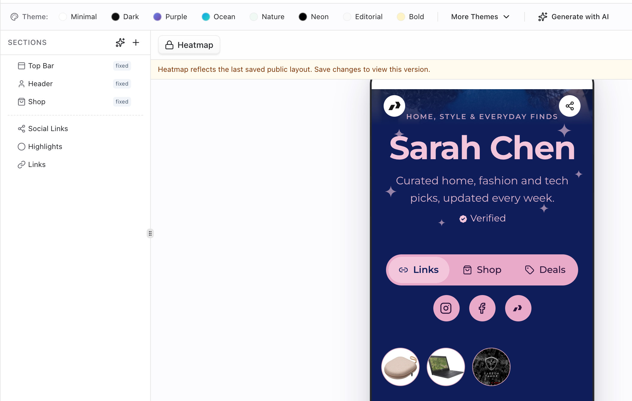 Bio editor with section list and theme bar