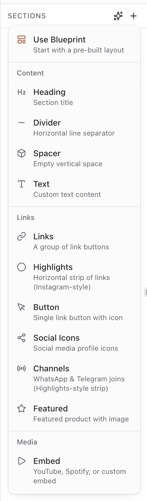 Add section menu with section type choices