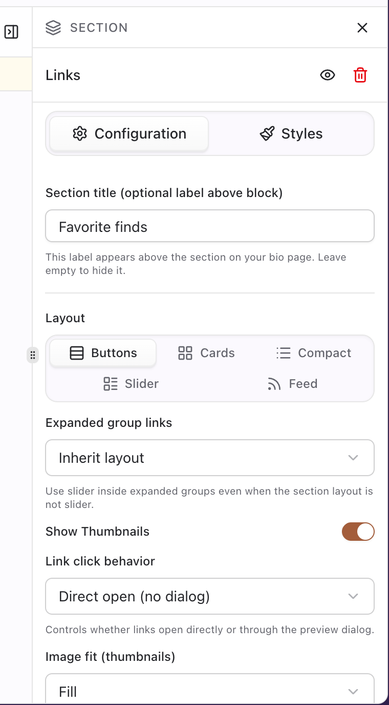 Section edit form with visibility toggle