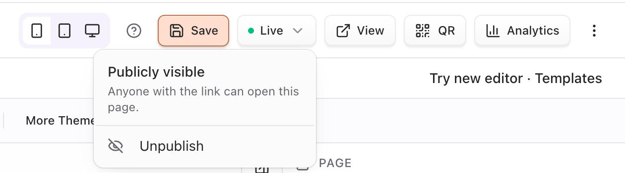 Editor Live menu showing Publicly visible and Unpublish