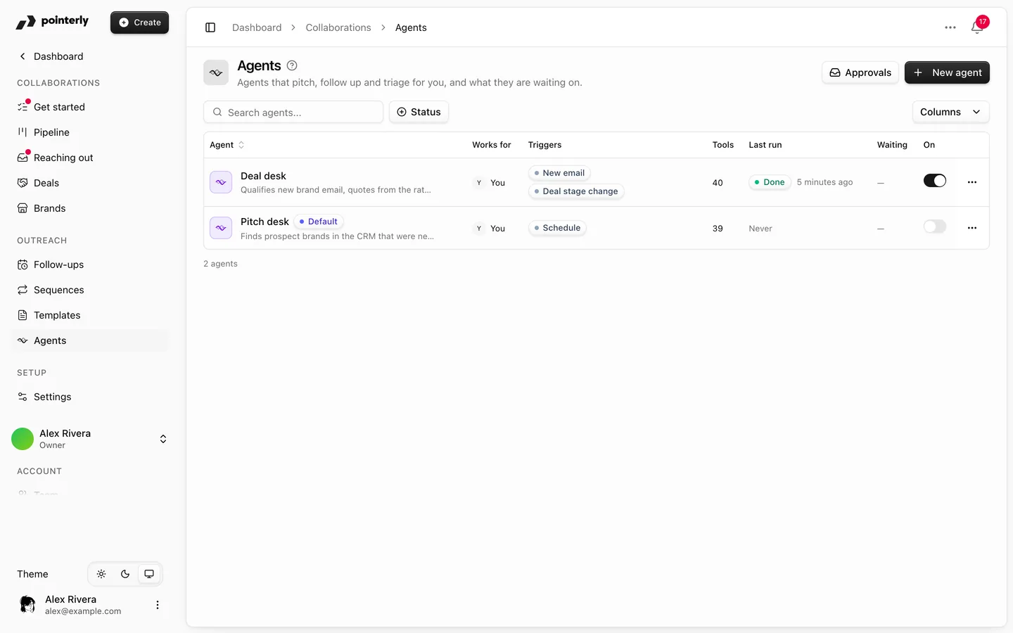 Agents page with the Agents running switch, the daily email limit per mailbox and two agents with their triggers and last runs