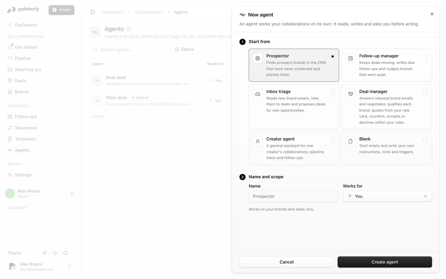 New agent sheet with the agent templates to start from