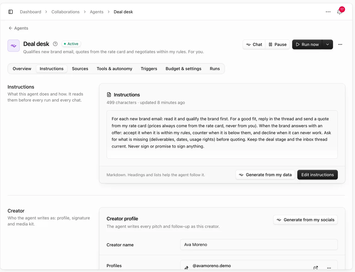 Agent Instructions tab with the written instructions and the Creator profile