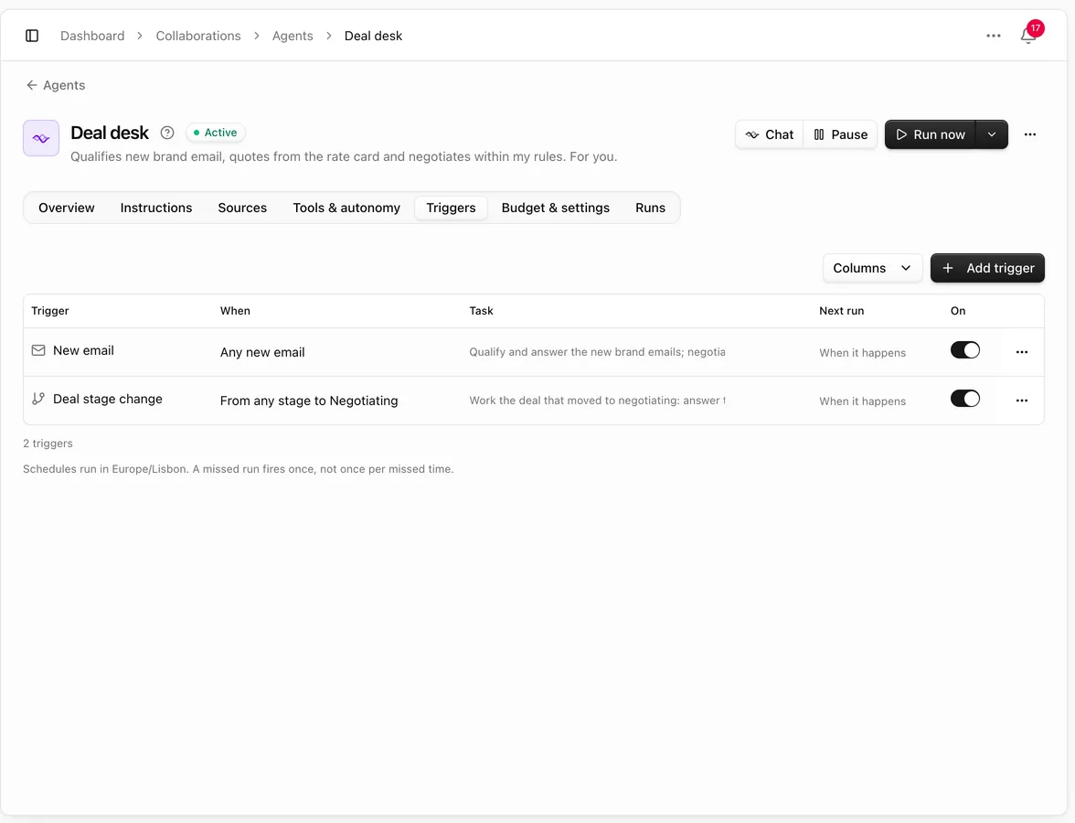 Agent Triggers tab with a New email trigger and a Deal stage change trigger and their tasks