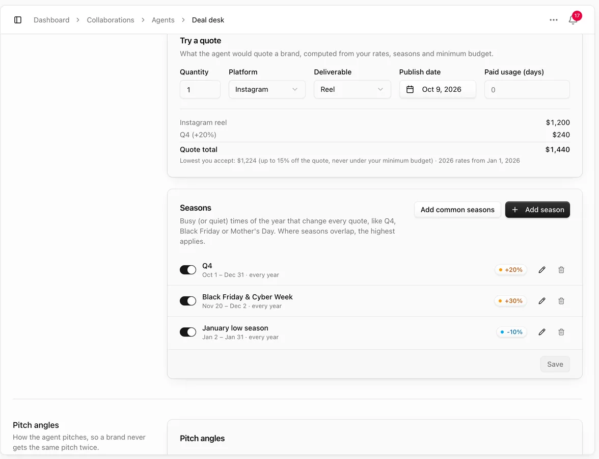 Try a quote with quantity, platform, deliverable, publish date and paid usage, the quote total and the lowest price you accept