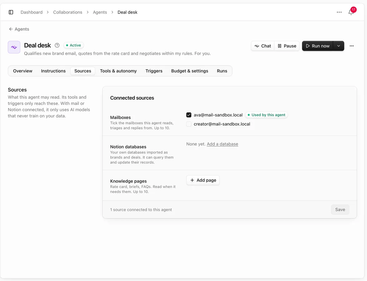 Agent Sources tab with the mailboxes it reads and replies from, Notion databases and knowledge pages