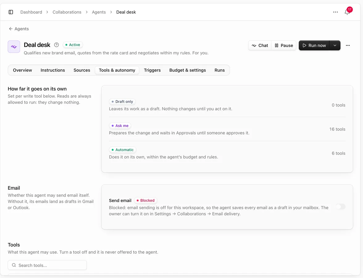 Tools and autonomy tab with Draft only, Ask me and Automatic, and Send email blocked so emails land as drafts