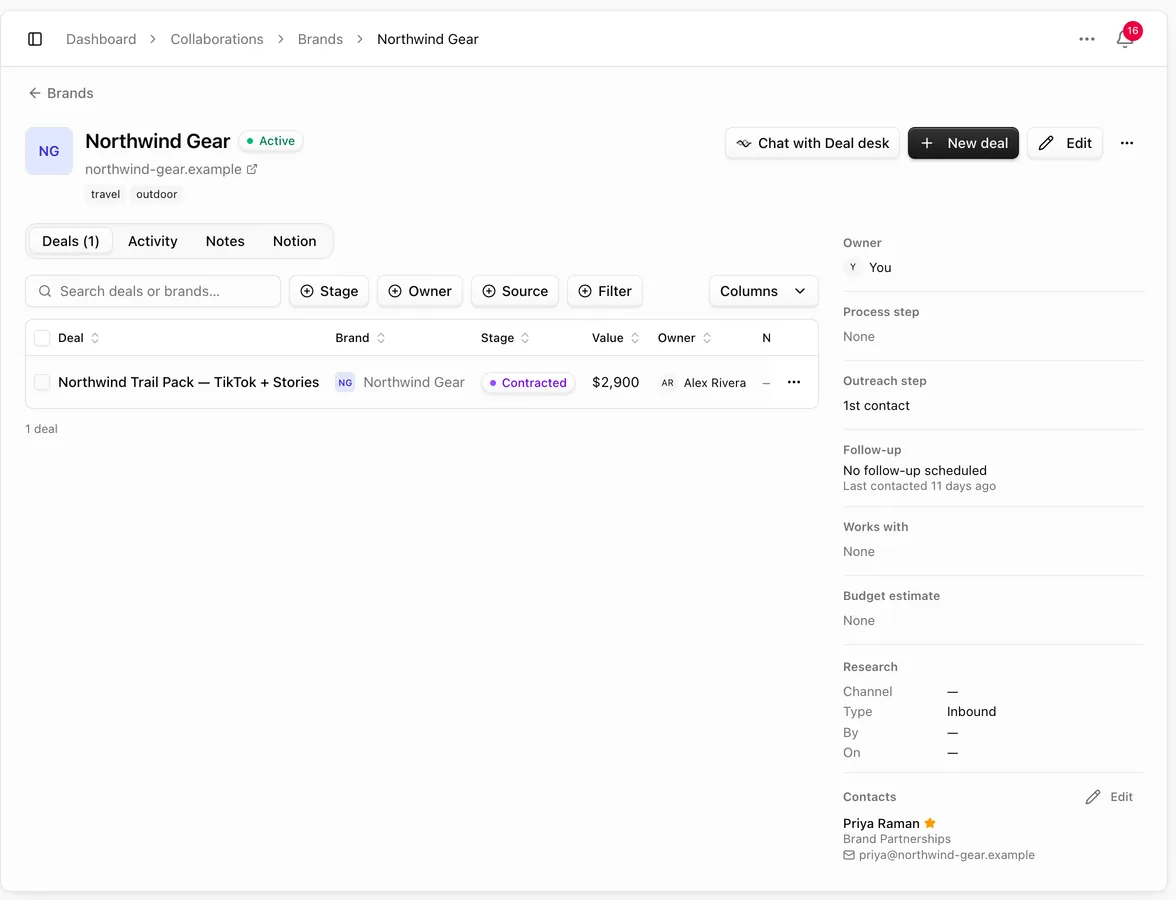 Brand page with the Deals, Activity, Notes and Notion tabs, Chat with Deal desk, New deal and the side panel with the owner, steps, research and contacts