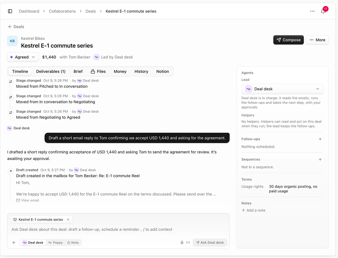 Deal page led by an agent, with the Timeline, Deliverables, Brief, Files, Money, History and Notion tabs, stage changes, a chat with the agent and a draft it saved in the mailbox