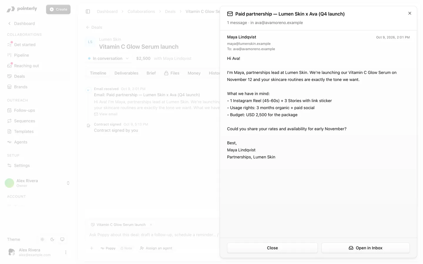 Email thread from the brand open in a side sheet next to the deal page