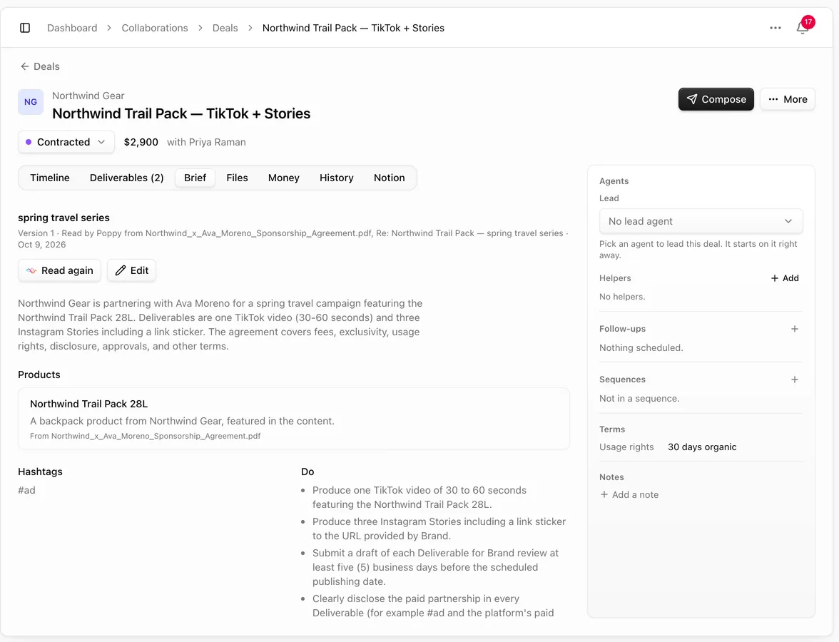 Deal Brief tab with the brief read by Poppy from the contract and an email, Read again, Edit, the summary, the product, hashtags and do's