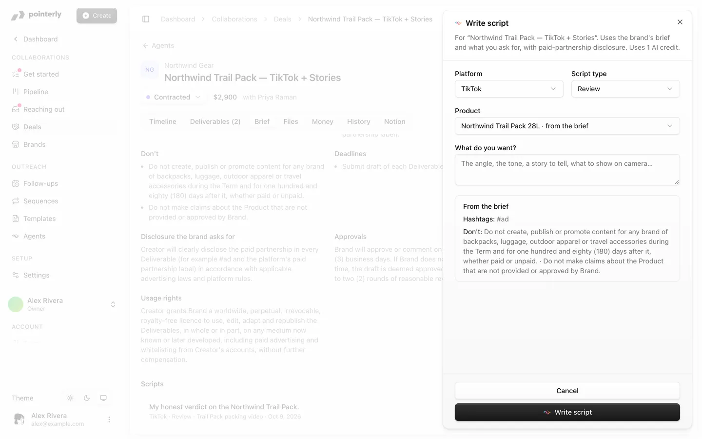 Write script sheet with the platform, script type, product, What do you want? and the brief it follows