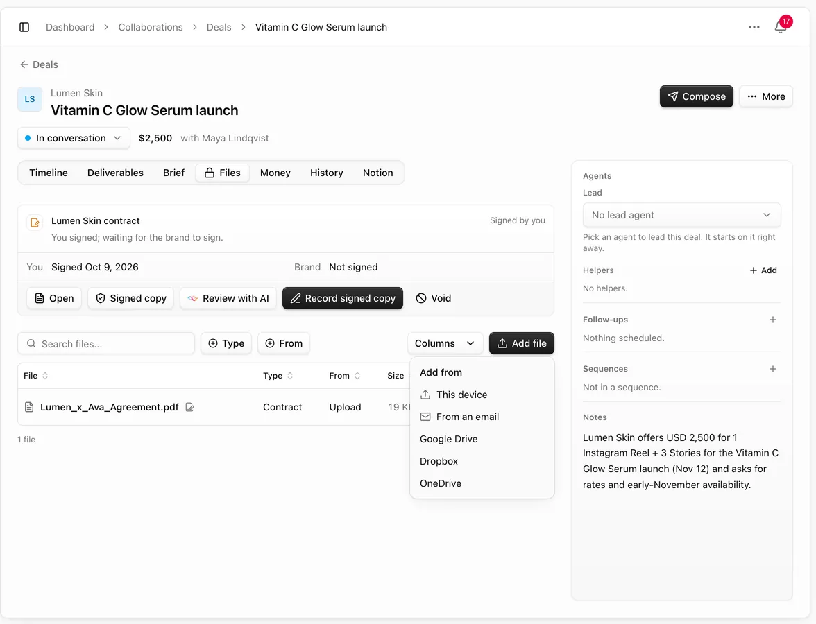 Deal Files tab with a contract signed by you and the Add file menu listing This device, From an email, Google Drive, Dropbox and OneDrive