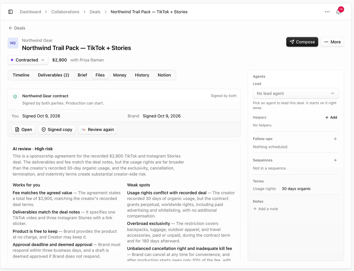 Contract signed by both parties, with Open, Signed copy and Review again, and the AI review with Works for you and Weak spots