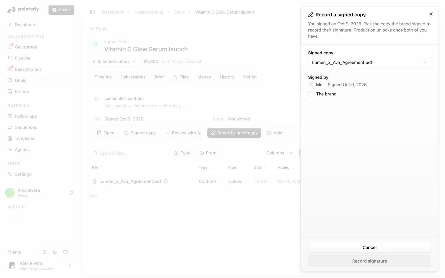 Record a signed copy sheet with the signed file picked and the brand's signature still to record