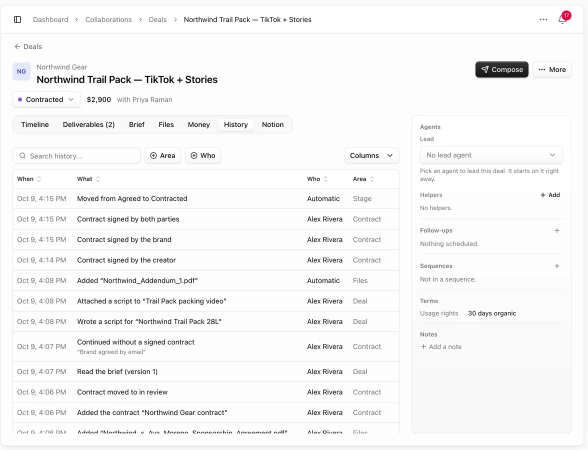 Deal History tab listing stage moves, signatures, files and a Continued without a signed contract entry with its reason