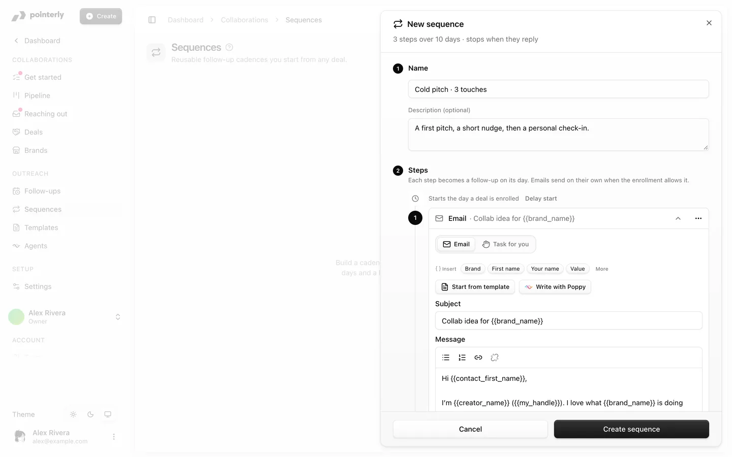 Sequence editor with a three-step cold pitch cadence on a timeline and the Stop when they reply switch