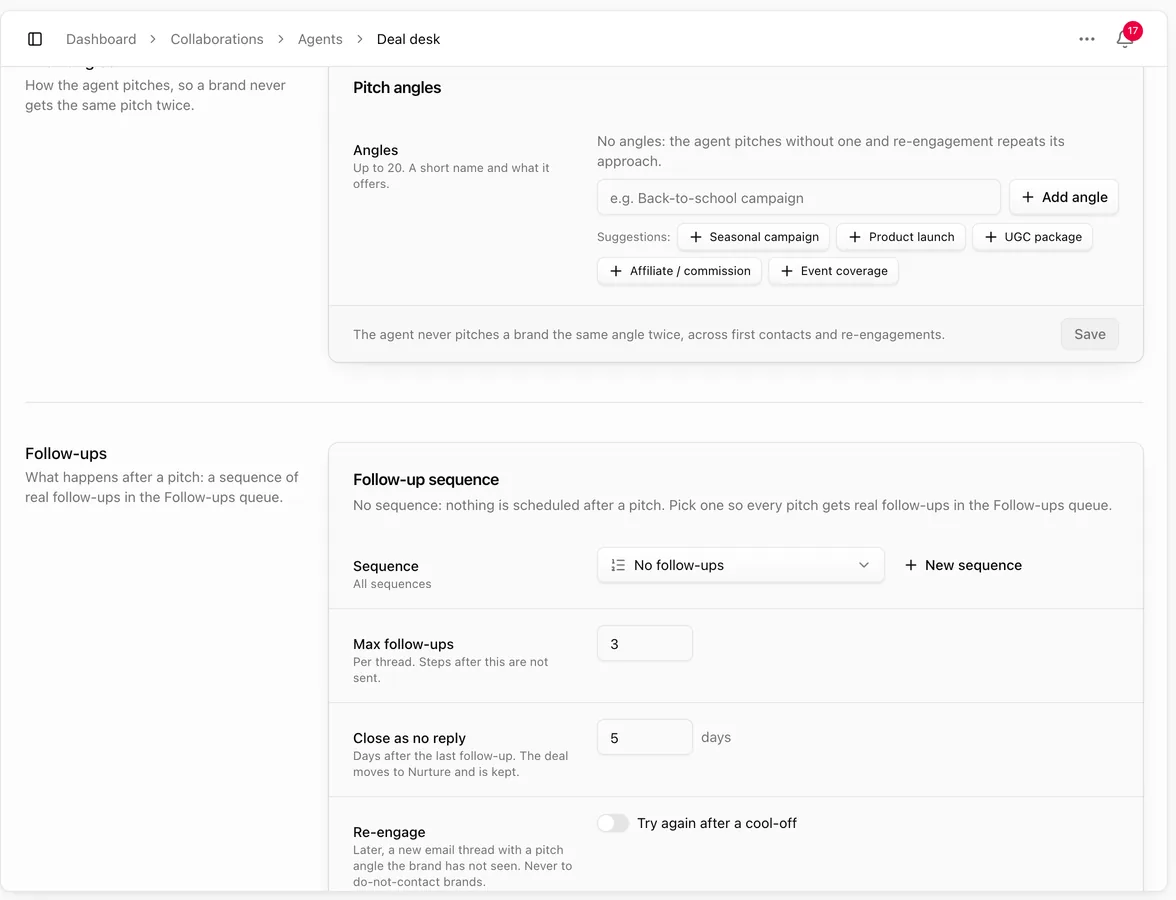 Agent Follow-up sequence card with the sequence picker, Max follow-ups, Close as no reply and Re-engage