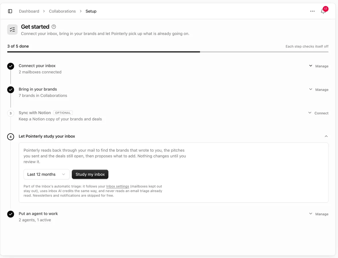 Get started checklist with Connect your inbox, Bring in your brands, Sync with Notion, Let Pointerly study your inbox and Put an agent to work